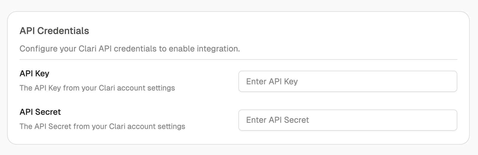 Opine Clari integration configuration fields